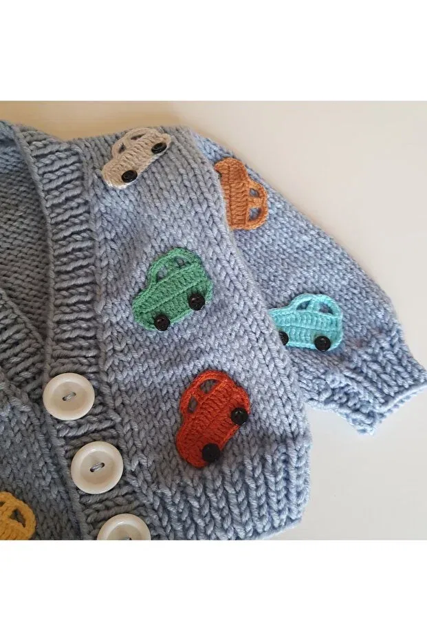 Детский кардиган с принтом Hand Knitted Baby And Kids Cardigan With Trolley El Örgüsü, Light Blue — фото 3