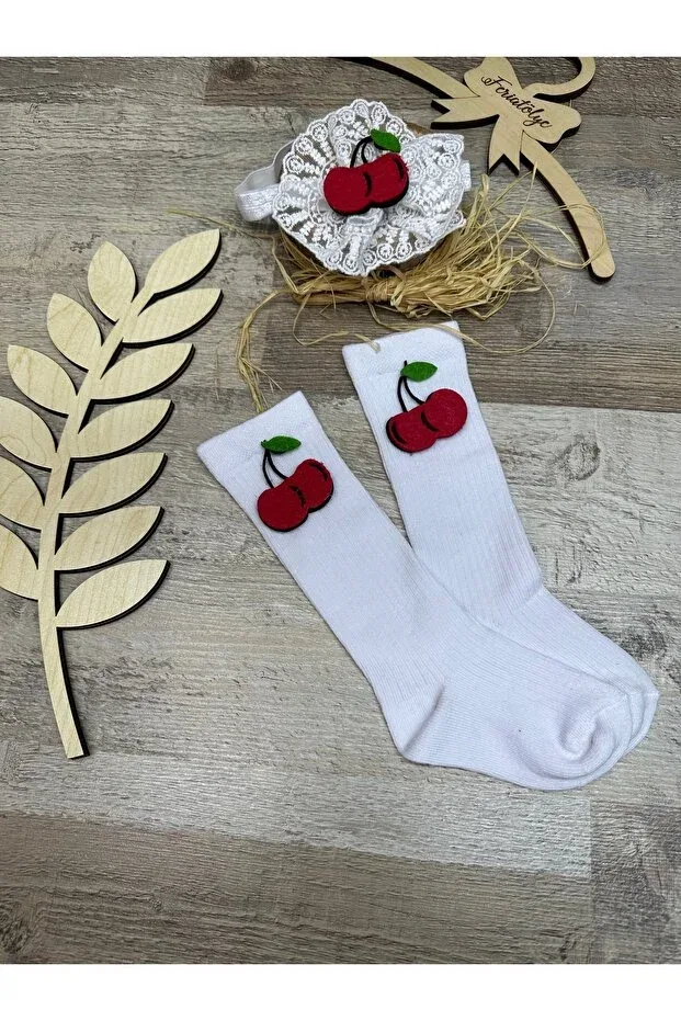 Детские носки для девочек с принтом Cherry Figured White Lace Headband And White Cherry Concept Baby Girl Knee Socks Feriatolye, White — фото 4