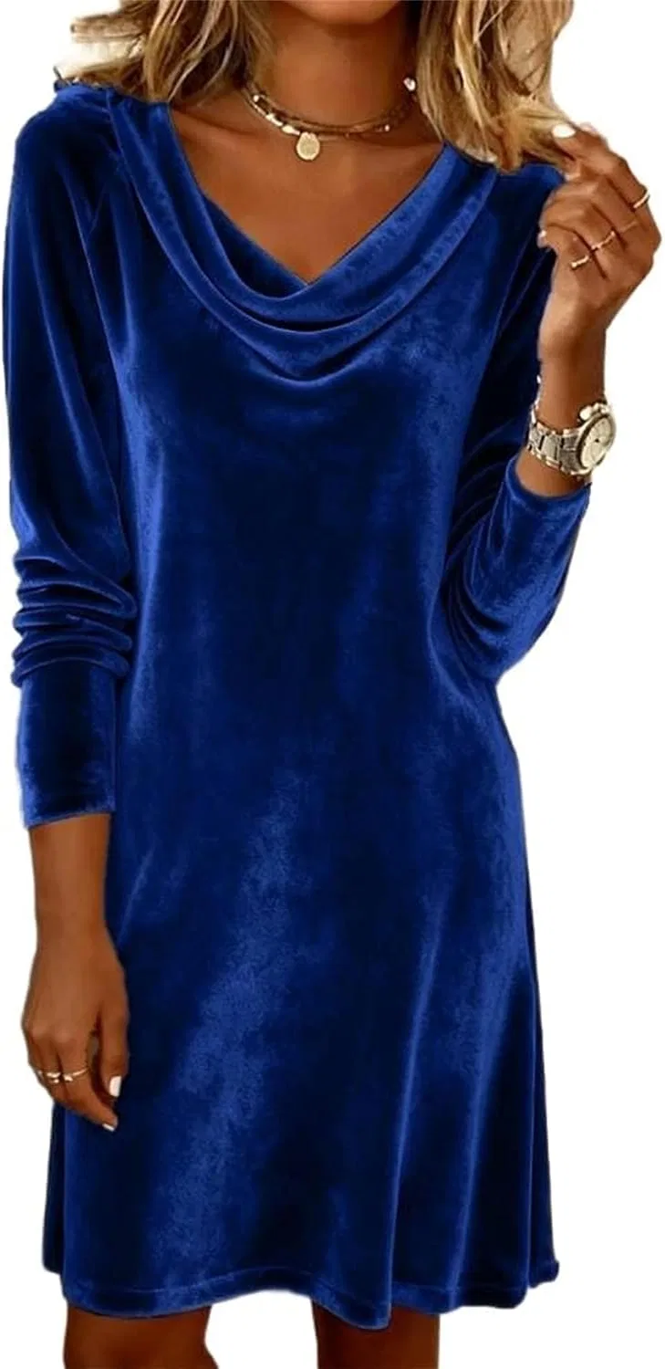 Женское платье-мини с воротником-хомутом, с длинным рукавом, модель 2025, синий