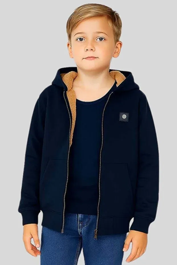 Детская кофта с капюшоном с длинным рукавом K hooded zippered boy's sweatshirt with fur inside Wakawakakidsstore, Navy Blue