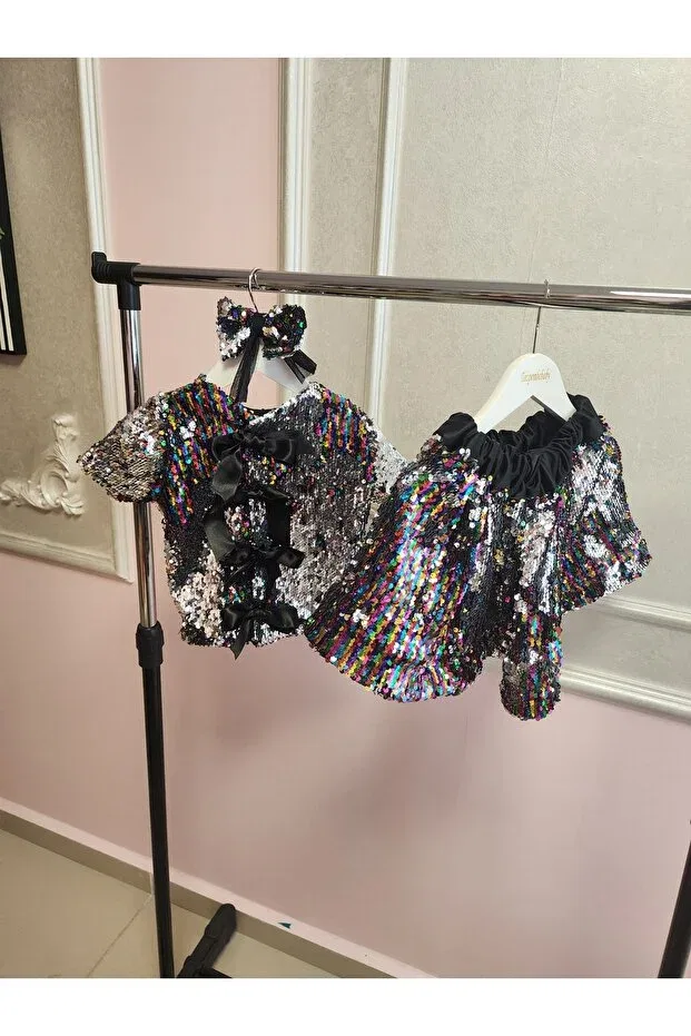 Детский комплект блузы и юбки с пайетками Tozpembebaby, Black — фото 2