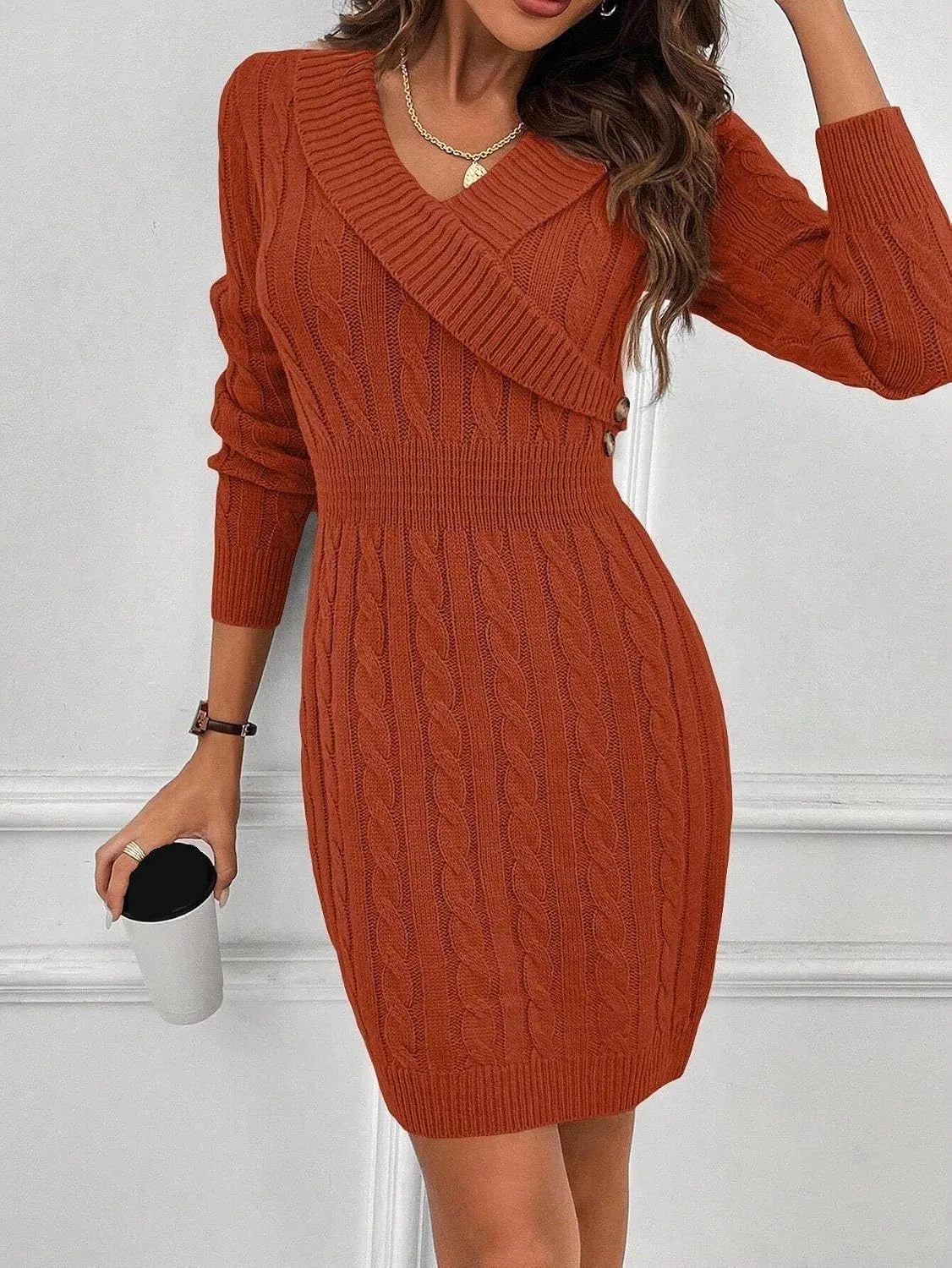 Женское платье-свитер с V-образным вырезом Cable-knit, Burnt Orange — фото 4