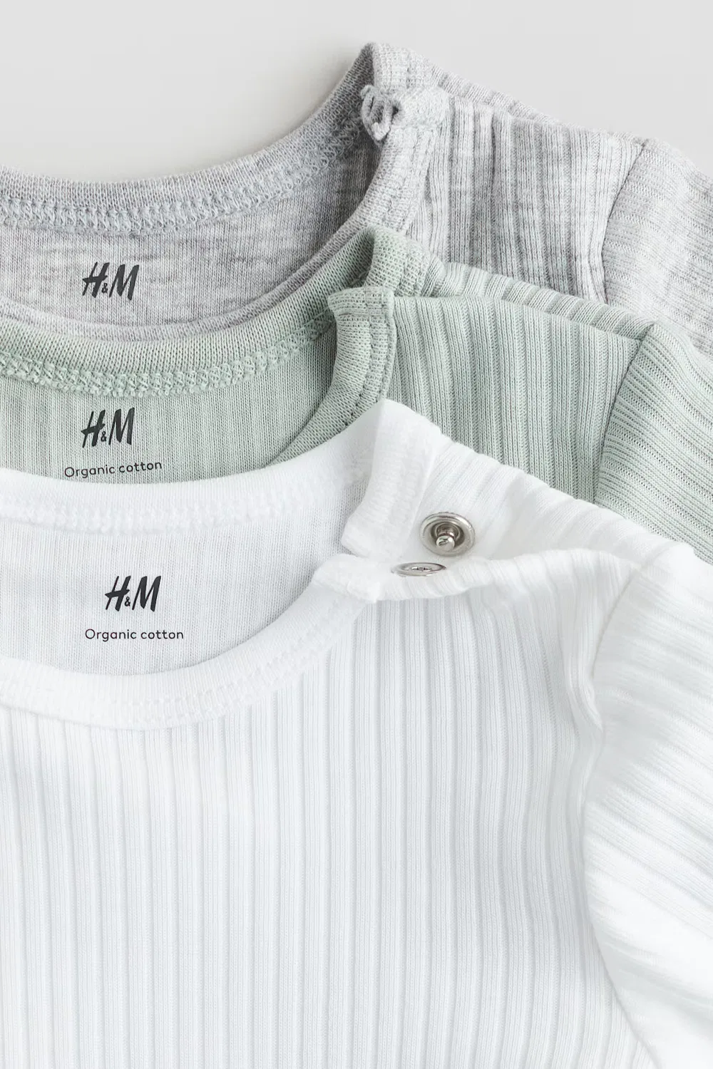 Комплект из 3 ребристых хлопковых боди H&M, Light Dusty Green/Light Grey — фото 2
