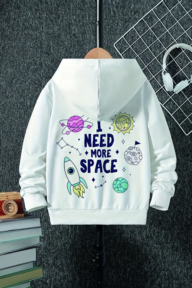 Детское худи для девочек с принтом Oversize hooded children's sweatshirt with fleece inside and printed back with space text and rocket print 22452 Myada, White
