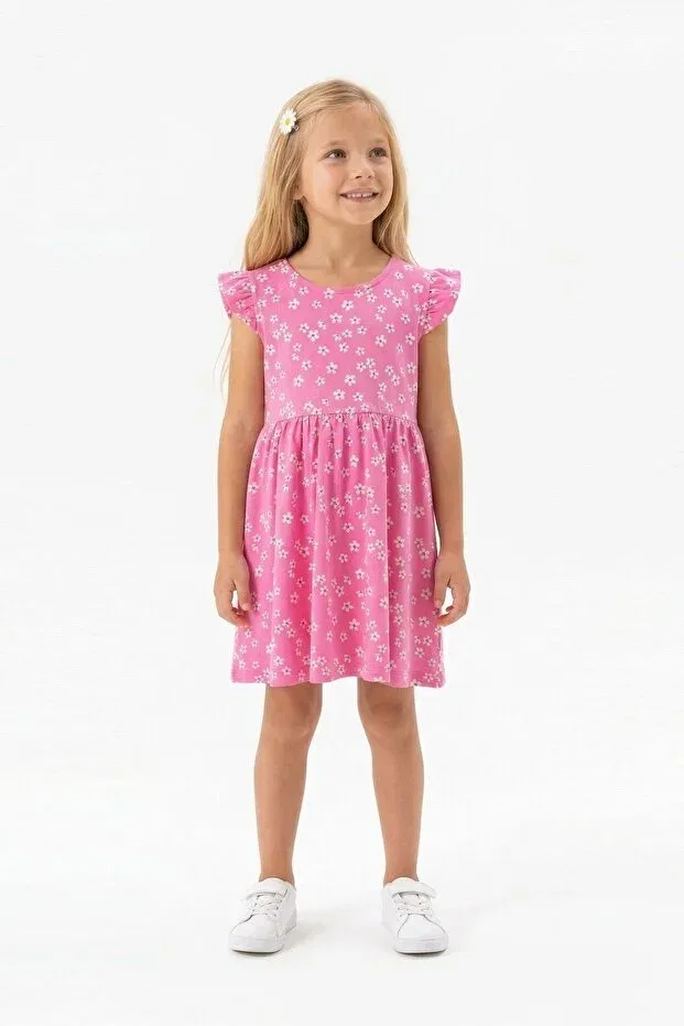 Детское платье для девочек с коротким рукавом-воланом Floral pattern butterfly sleeve girls' dress Bunny Hopp, Fuchsia — фото 3
