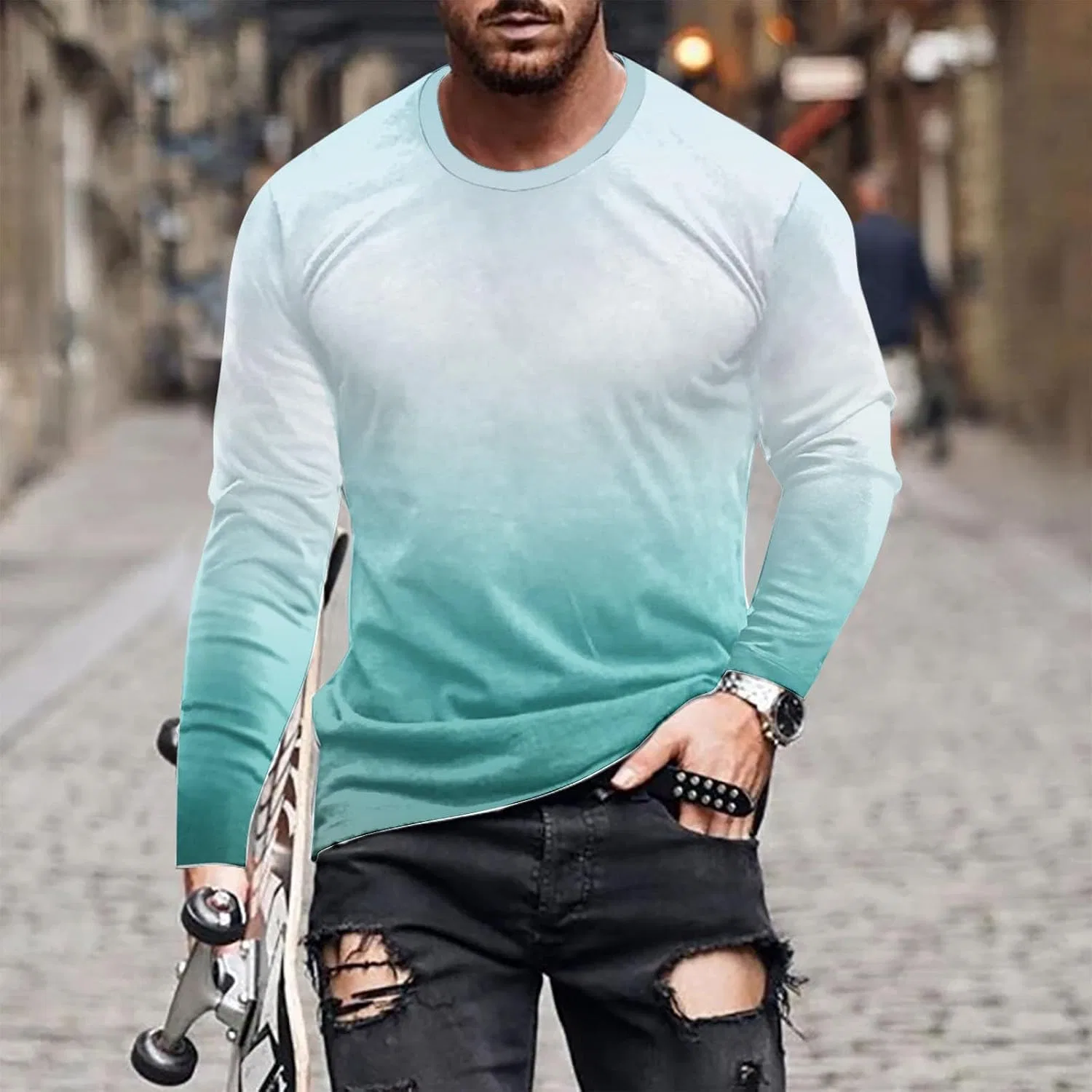 Мужская футболка с градиентом long sleeve generic, Light Blue — фото 2