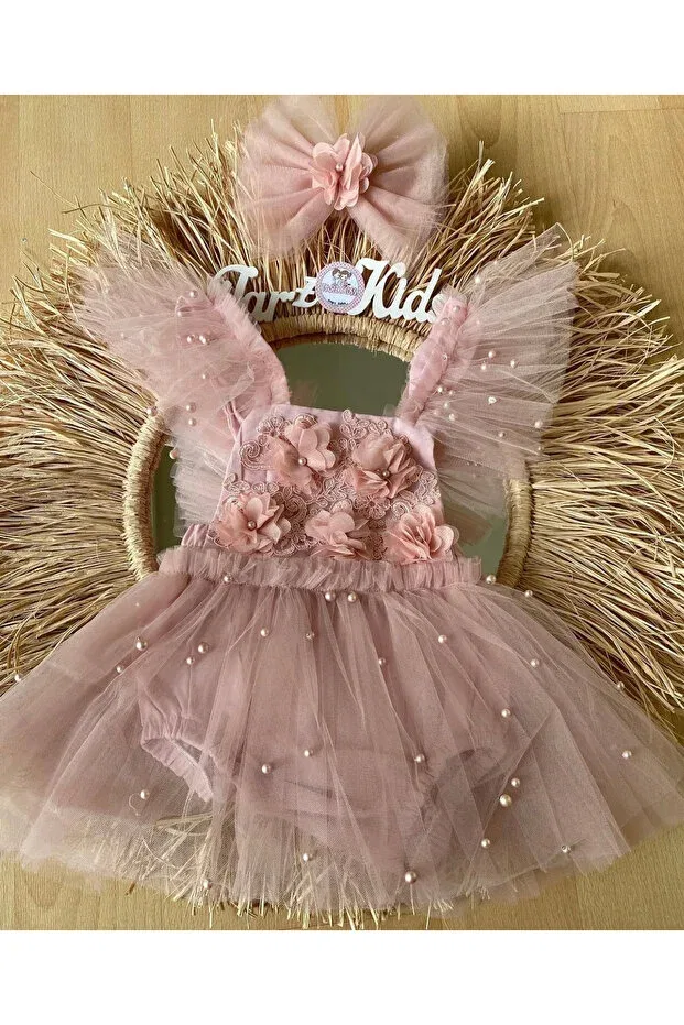 Детский комбинезон-сарафан с принтом Tutu Salopette Dress With Pearls, Flowers And Bandana Ebru Özörgücü, Rose Dry