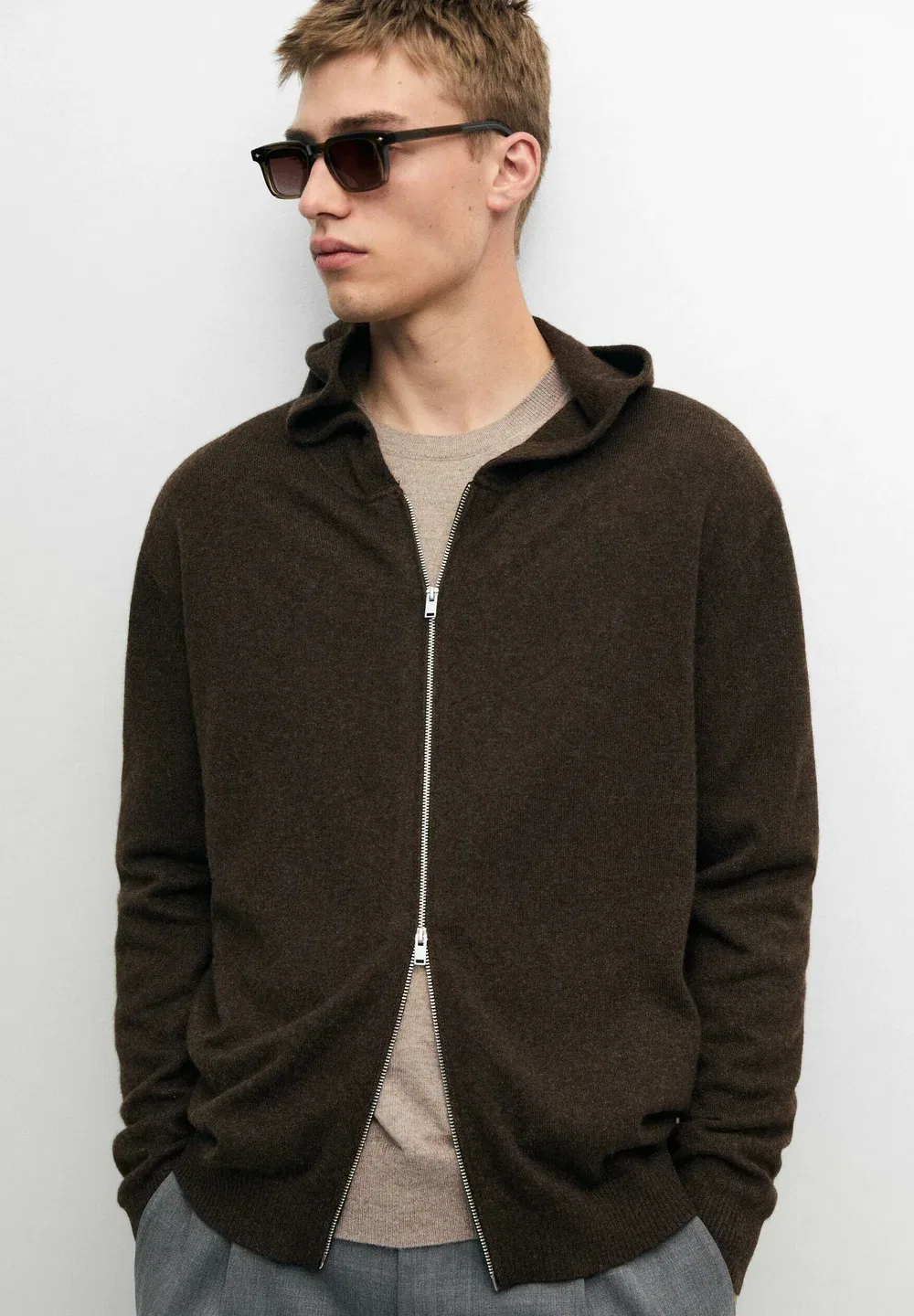Кардиган с капюшоном из 100% кашемира - кардиган Massimo Dutti, Dark Brown — фото 3