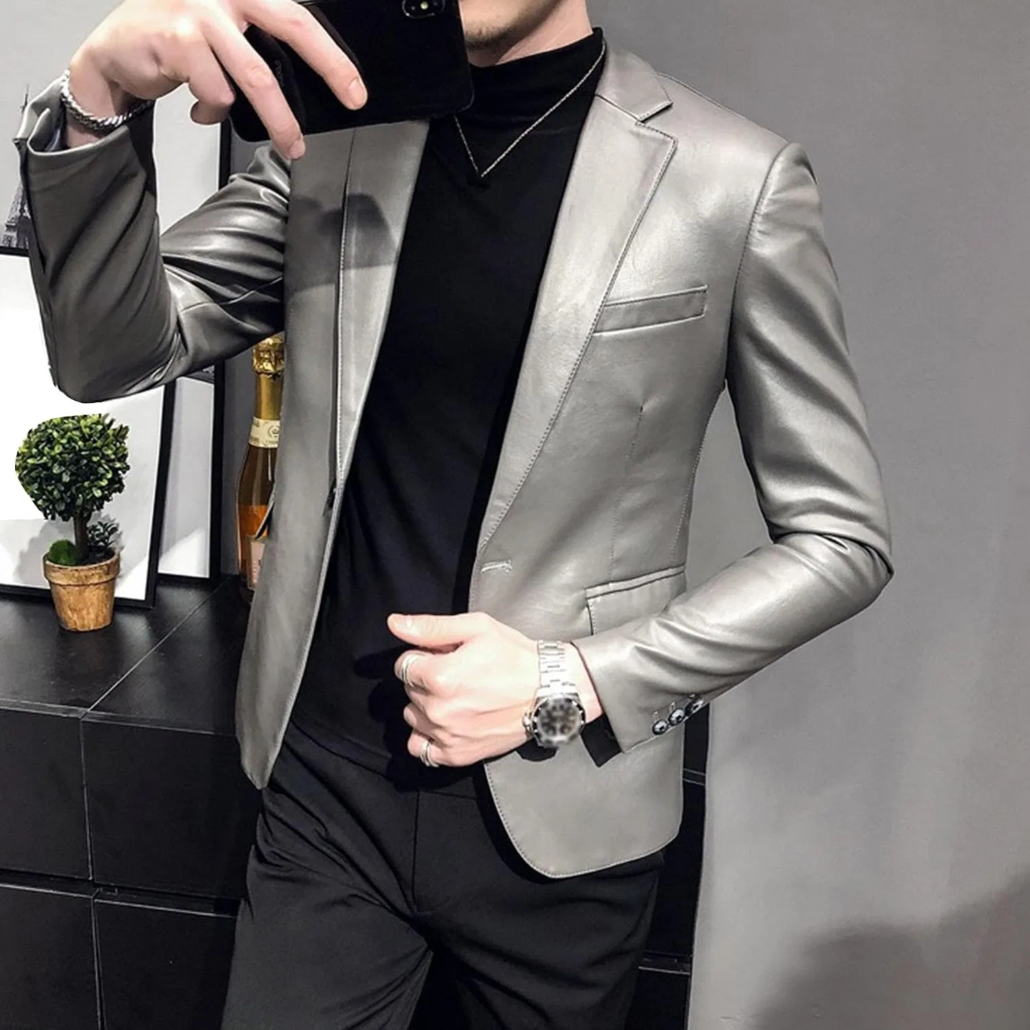 Мужское кожаное пальто с лацканами, однобортное, slim fit, серый — фото 3