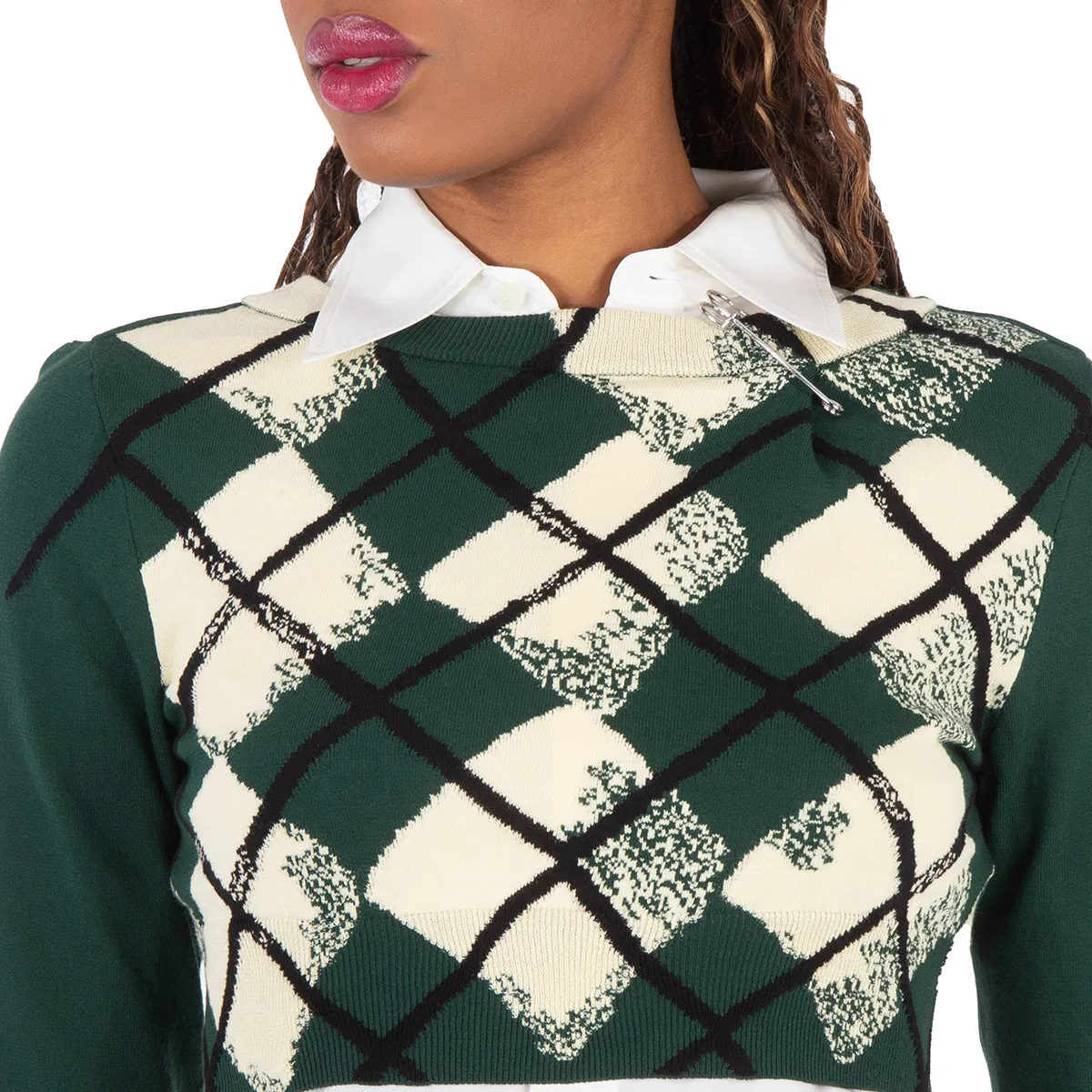 Свитер-кардиган укороченный из мелкого трикотажа с ромбовидным узором Argyle Fine-Knit Cropped Sweater Burberry, Ivy — фото 2