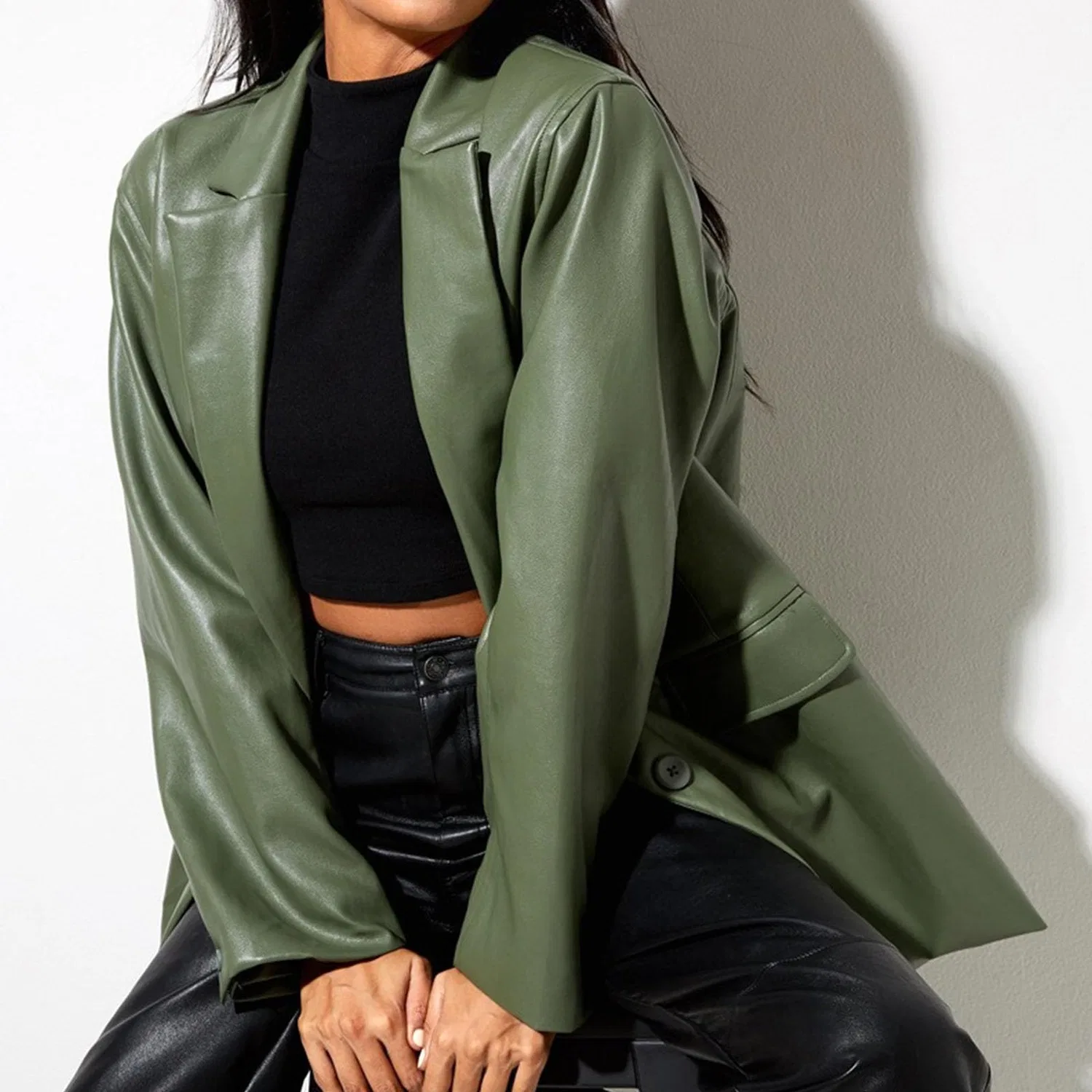 Женская куртка из искусственной кожи с принтом Motorcycle Trench Coat, green — фото 2