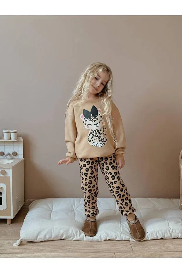 Детский комплект спортивного костюма для девочек хлопковый Milays Life Home Collection, Little Leopard — фото 4