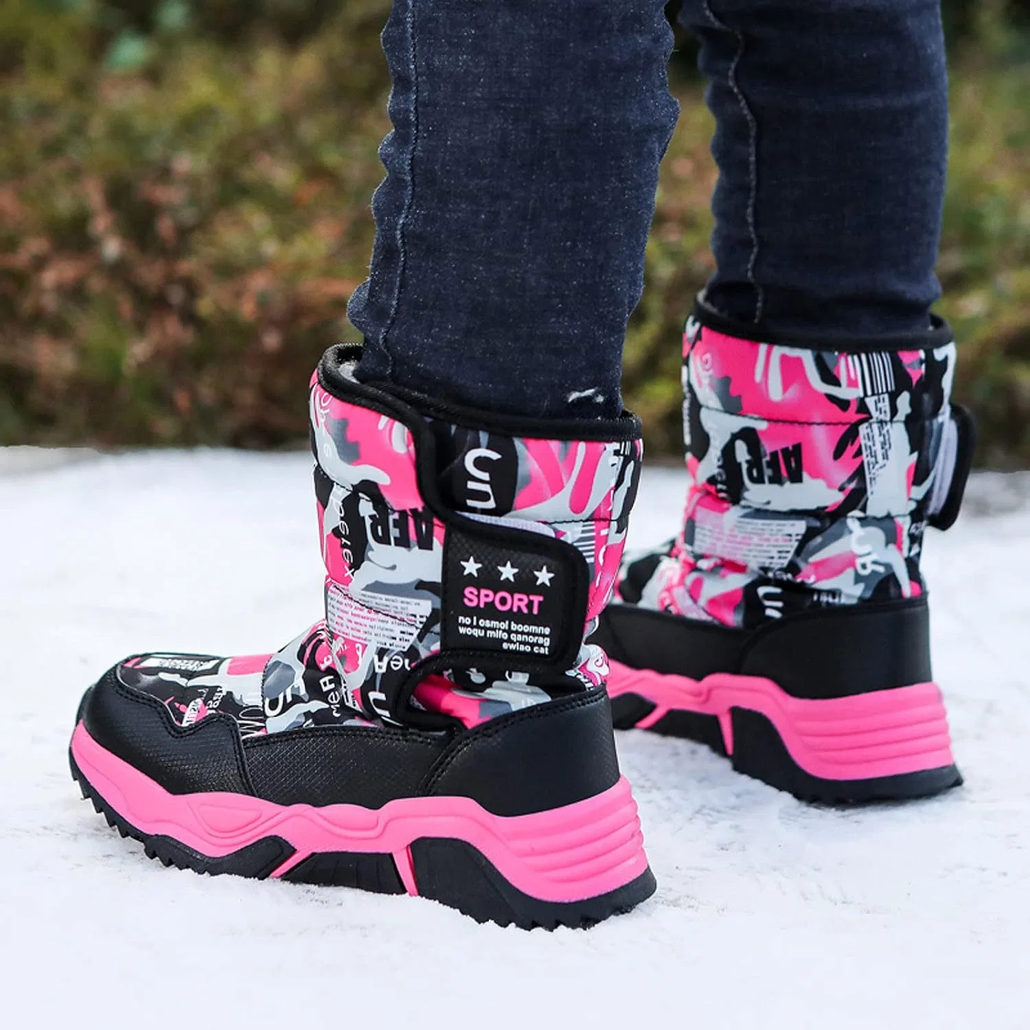 Детские зимние ботинки для девочек и мальчиков с теплой подкладкой FLIOZY, Black/Pink — фото 2