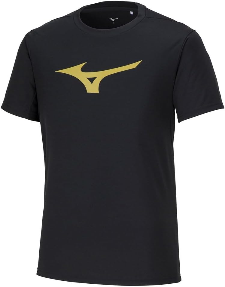 

Тренировочная футболка с коротким рукавом и большим логотипом, влагоотводящая и быстросохнущая, унисекс, для взрослых Mizuno, черный/золотой