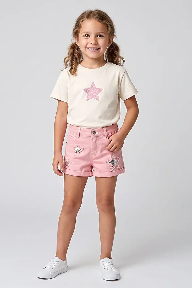 Детские шорты для девочек с принтом High Waist Sequin Star Detailed Pocket Summer Short Denim Casual Girl Dmb Boys & Girls, Powder — фото 3