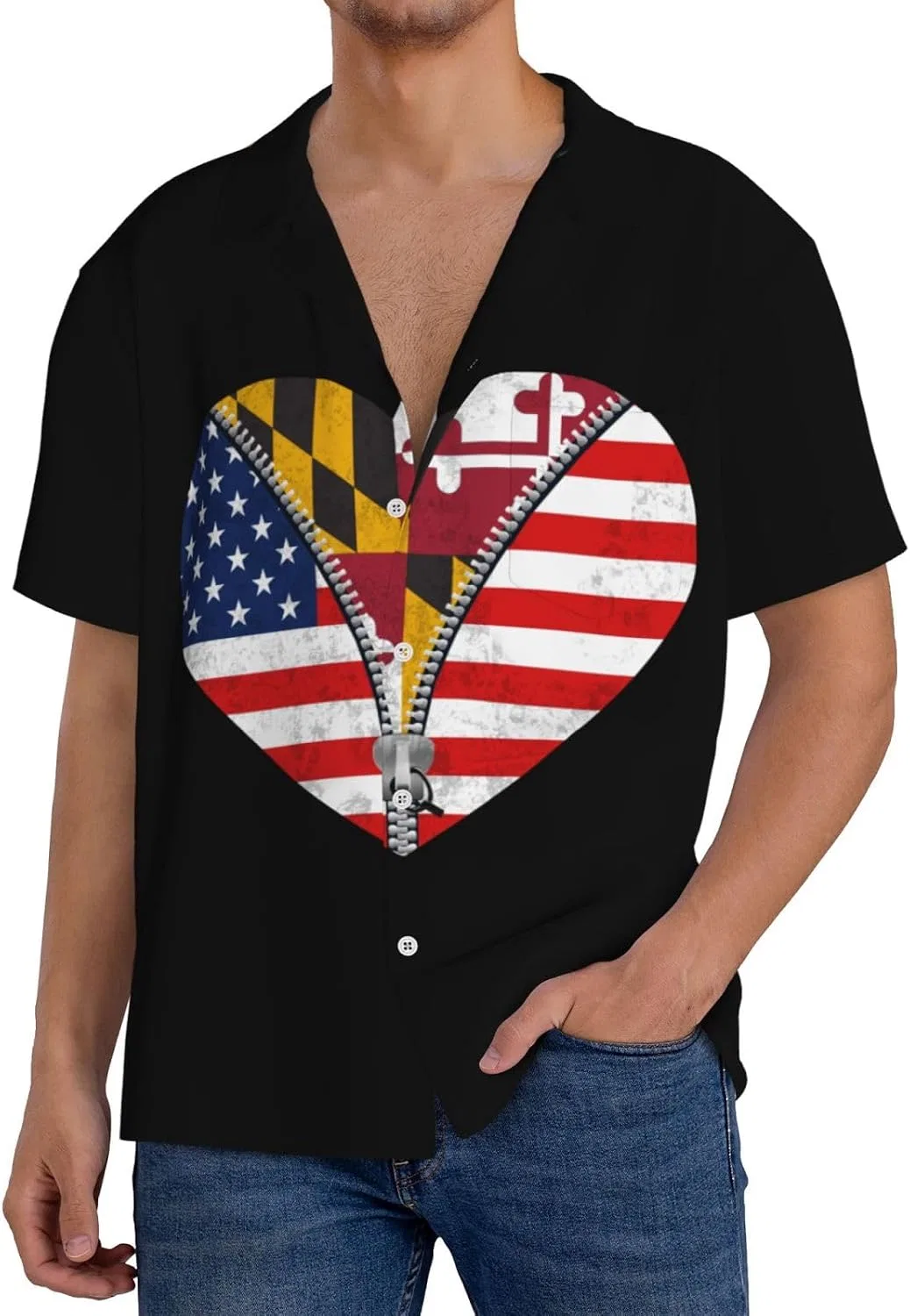 Мужская свободная рубашка с кубинским воротником Heart America Flag, Black