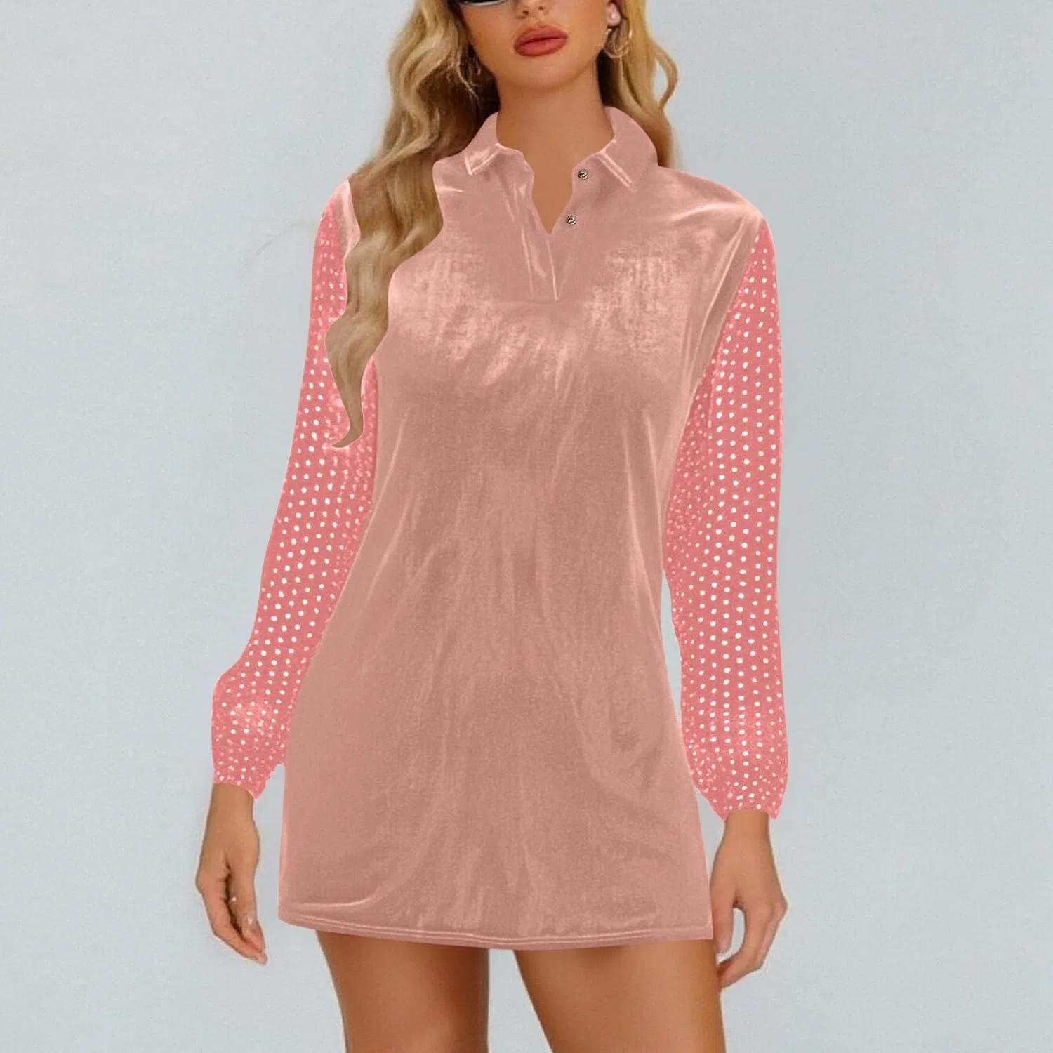 Женское платье вельветовое с V-образным вырезом с сетчатыми вставками, Pink-1 — фото 4