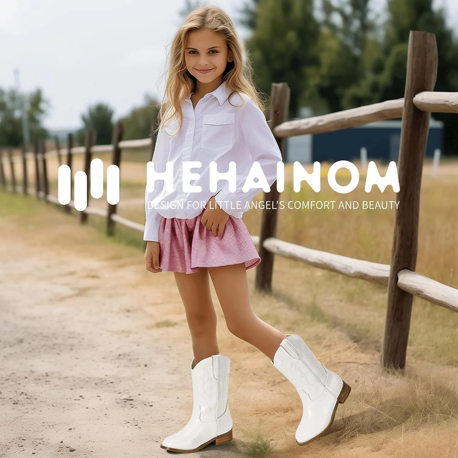 Детские сапоги для девочек с вышивкой Cowgirl Boots Hehainom, Whitepu — фото 3