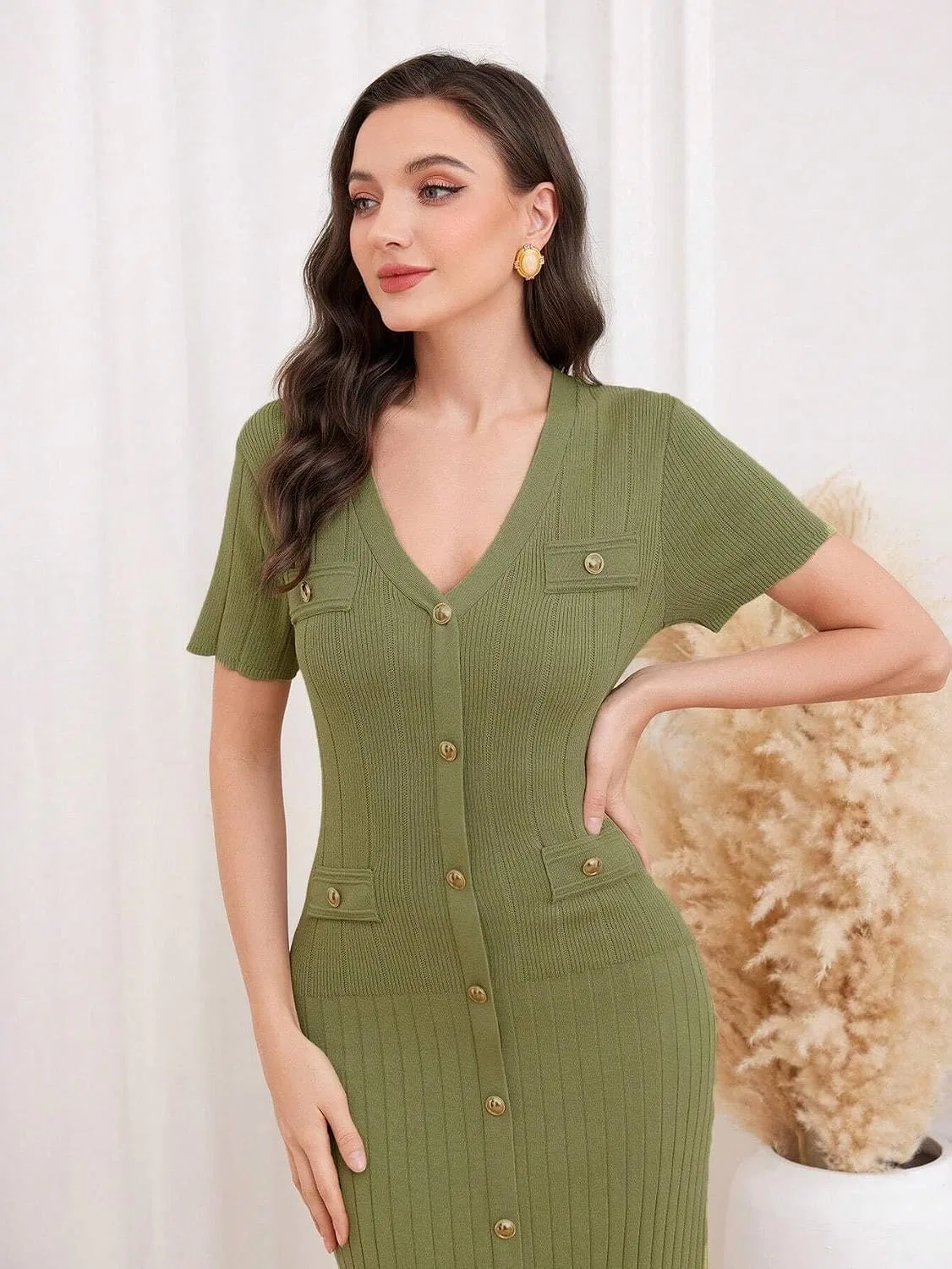 Женское платье миди с V-образным вырезом Knitwear, Green — фото 4