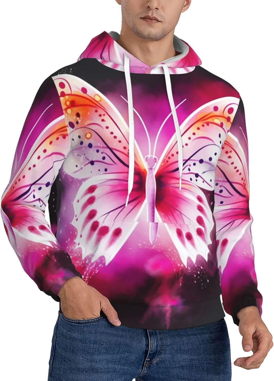 

Мужская флисовая толстовка с капюшоном, повседневная с длинным рукавом, розовая с бабочкой KKLWEGU