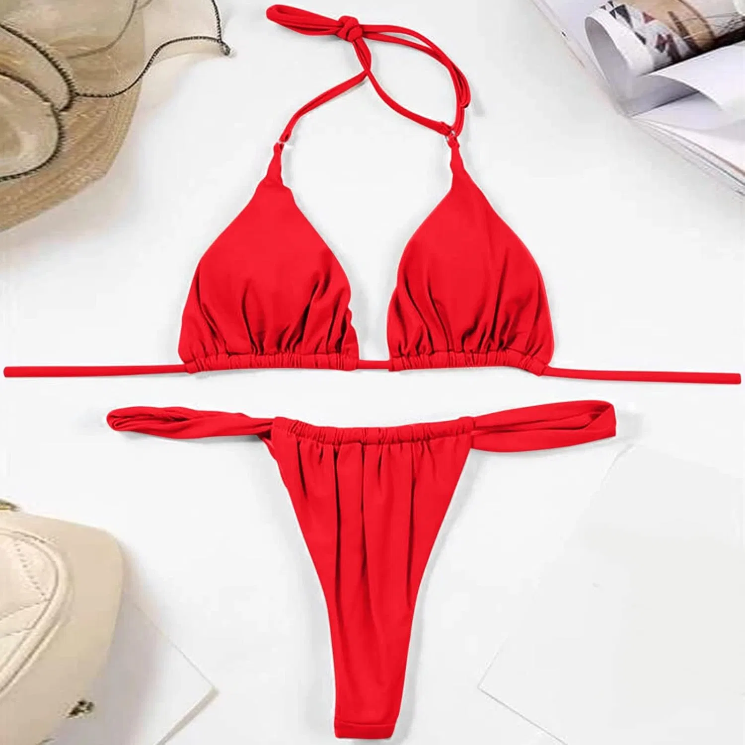 Женский бикини-сет с глубоким V-вырезом и эффектом пуш-ап, Red — фото 2