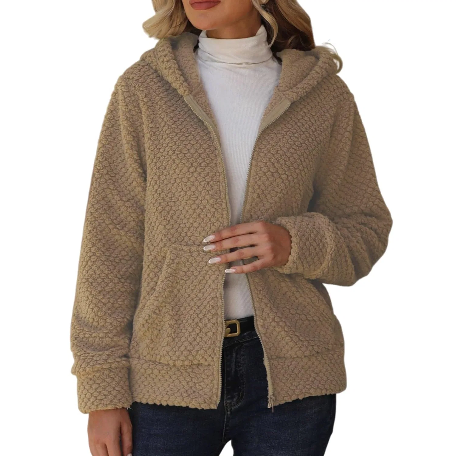 Женская куртка из флиса с капюшоном и карманами, Beige