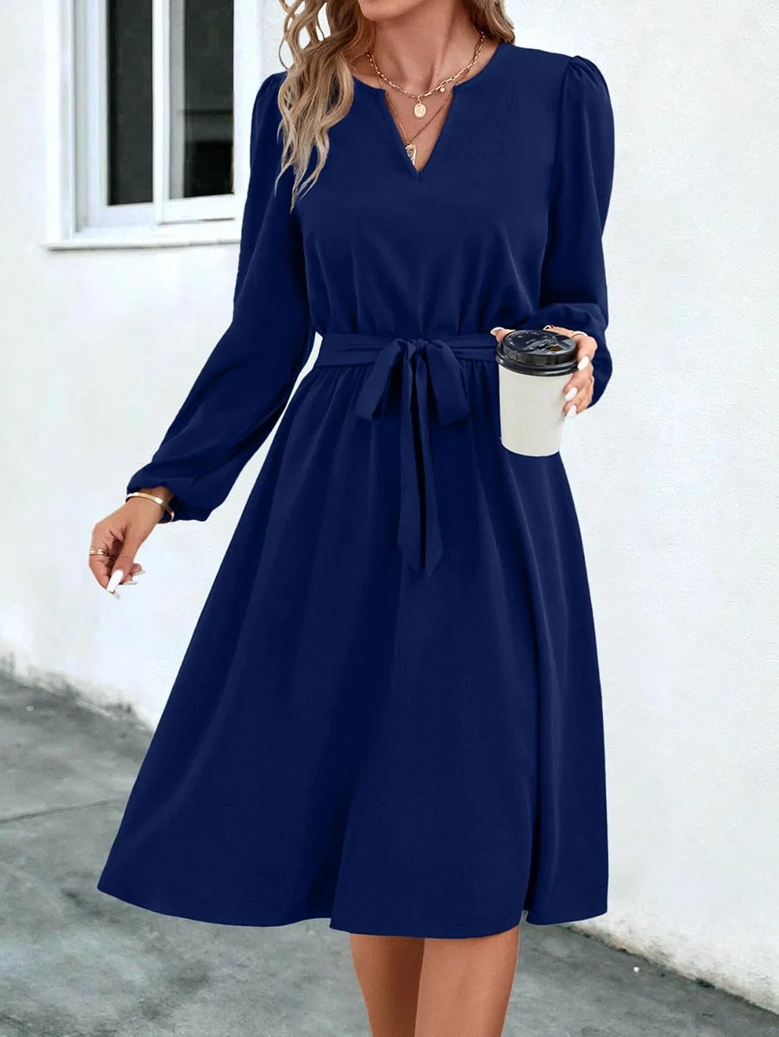 Женское платье с воротником V и поясом, Navy Blue — фото 4