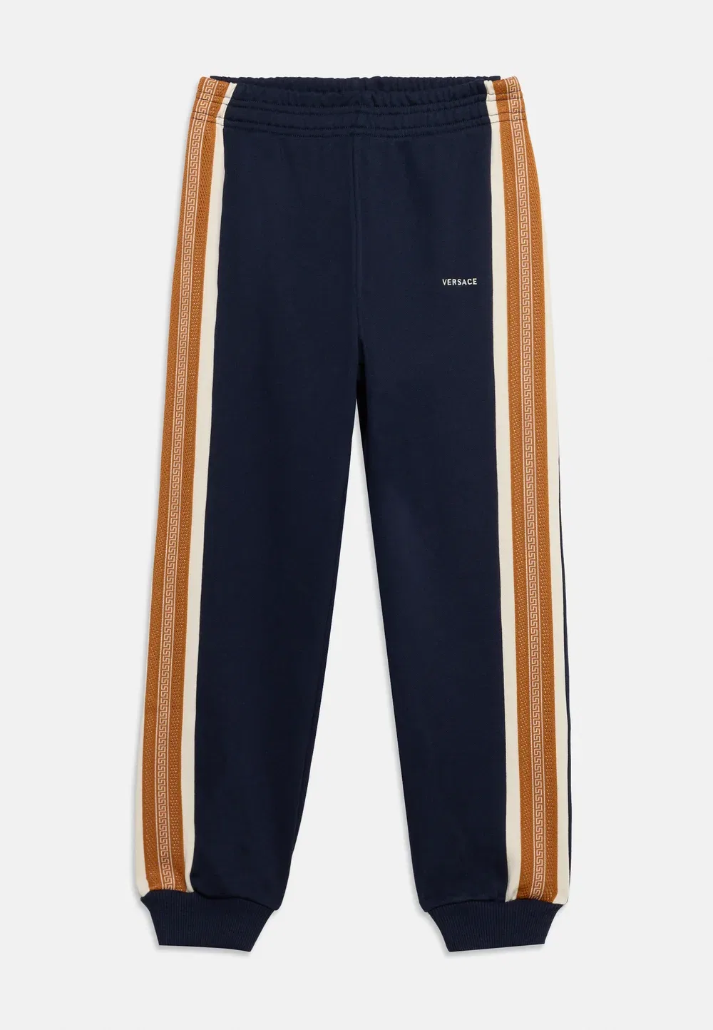 Унисекс спортивные штаны с греческой контрастной вышивкой по центру Versace, Dark Navy/Cream/Caramel