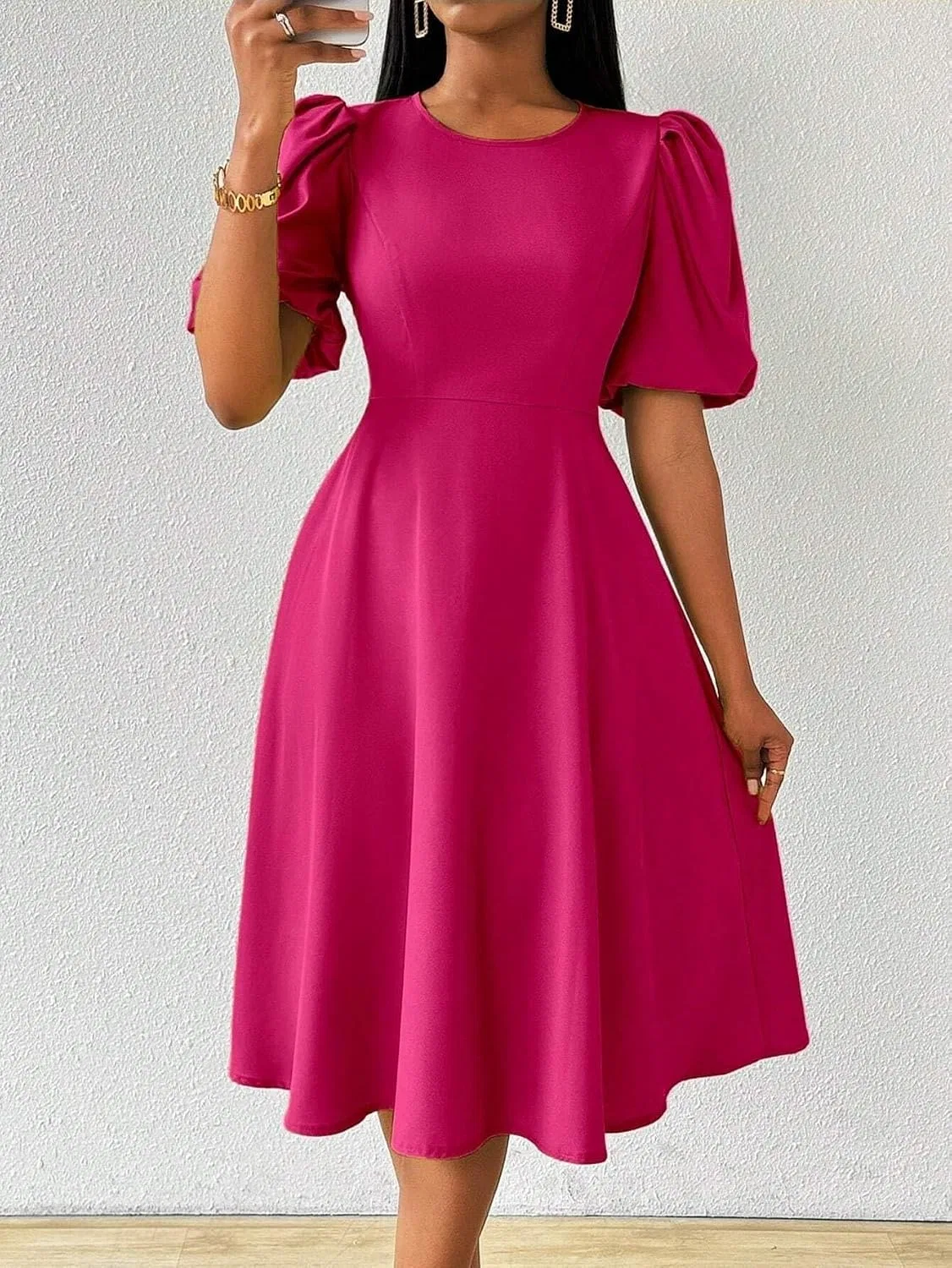 Женское платье миди с завышенной талией и рукавами-фонариками, Hot Pink — фото 4