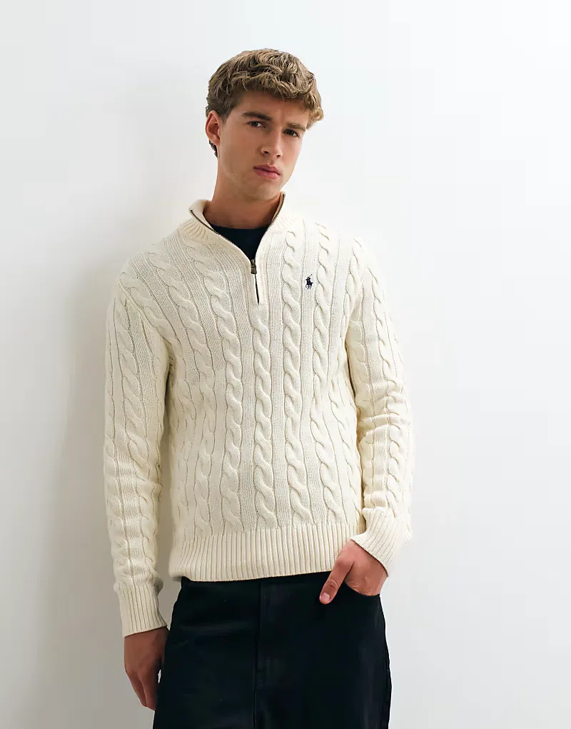 Хлопковая толстовка Polo Ralph Lauren с логотипом Icon и косами, застежка-молния до середины груди, кремовый