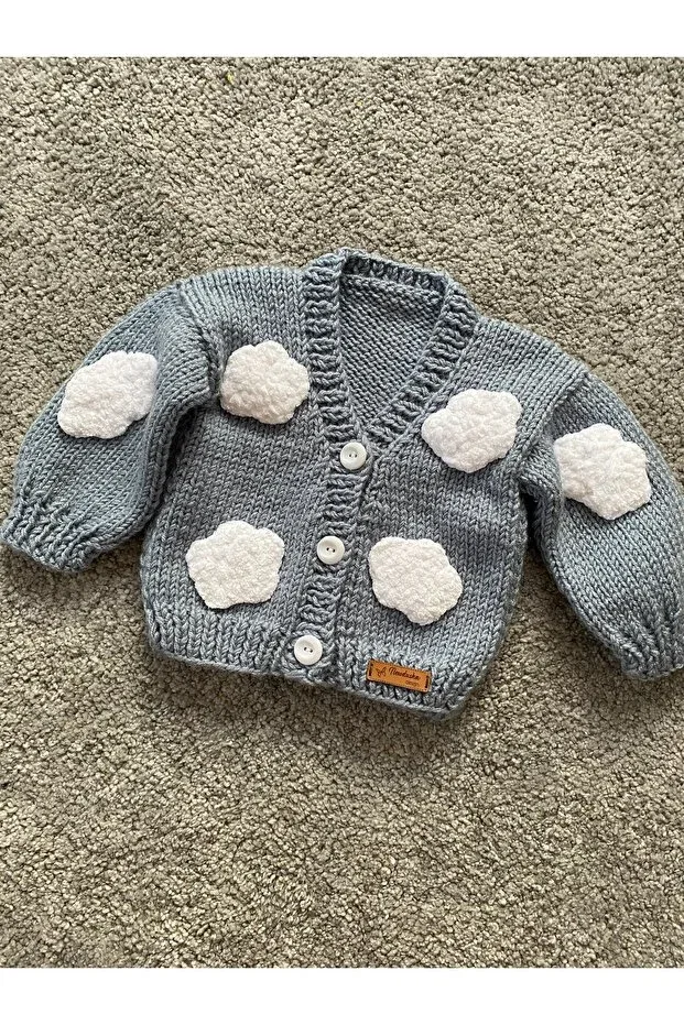 Детский кардиган для мальчиков с принтом Cloud Detailed Hand Knitted Nevalin, Blue — фото 4