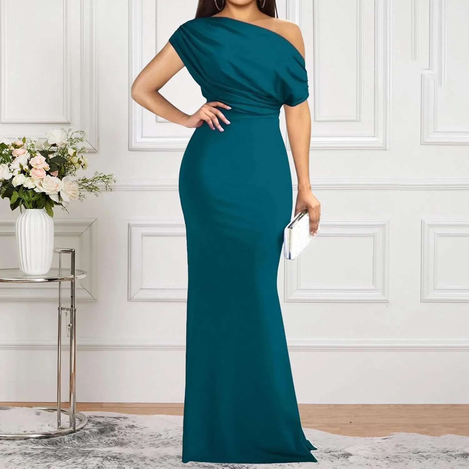 Женское элегантное вечернее платье с открытыми плечами, Peacock Green — фото 3
