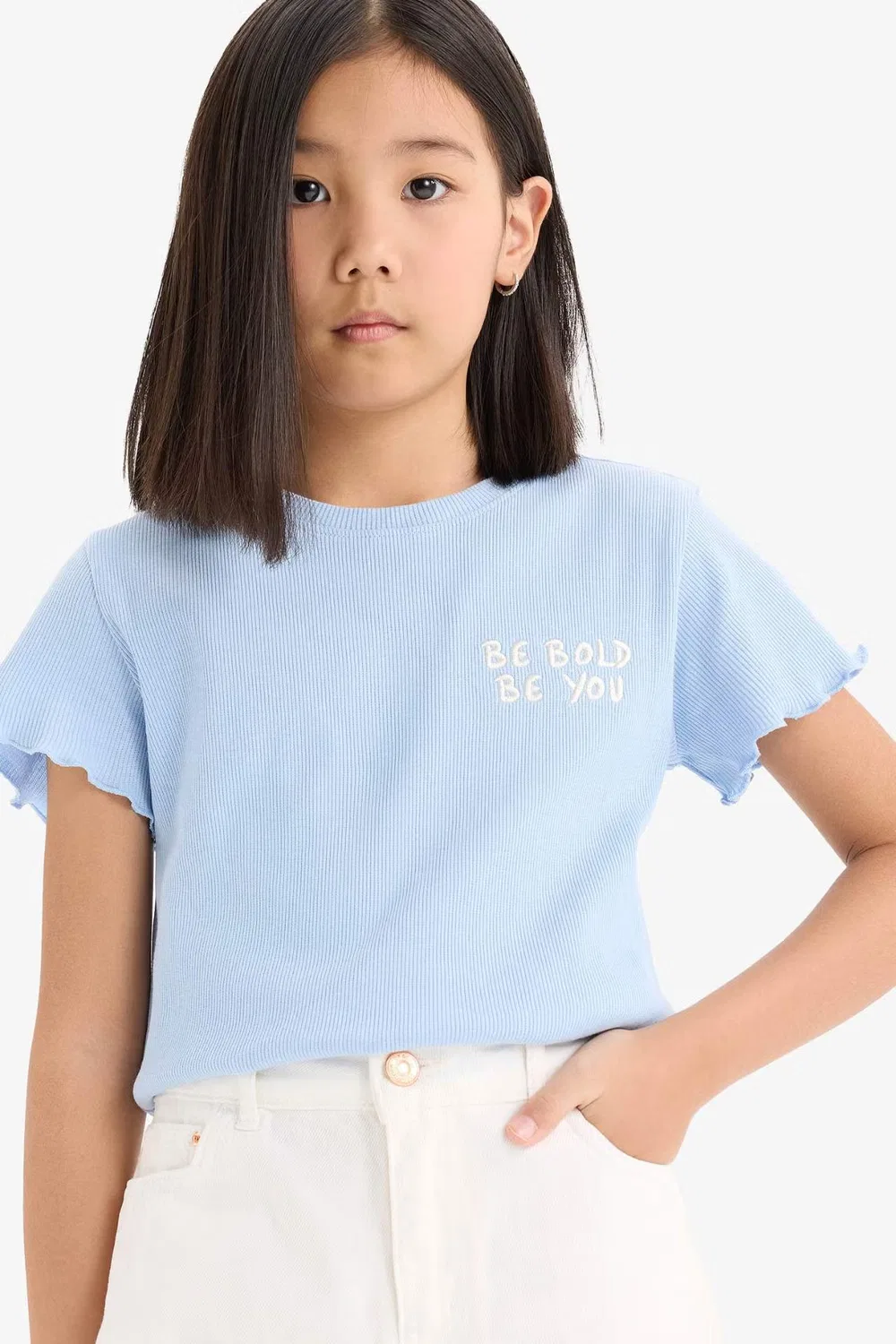 Футболка с принтом-слоганом, модель Girl slim fit slogan printed, Defacto, синий