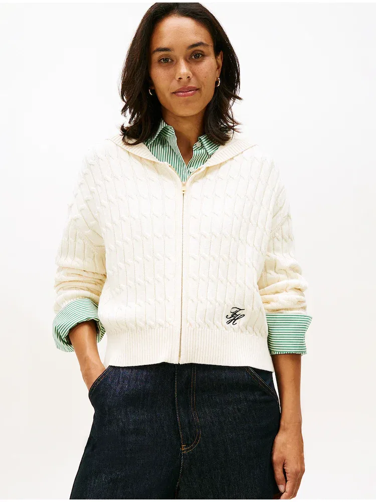 Кардиган с капюшоном, хлопковый, Cable Hood Zip TOMMY HILFIGER, Beige