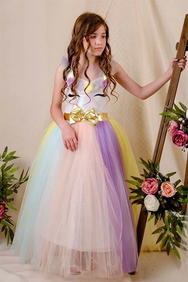 Детское платье для девочек с принтом Long Unicorn Hoop Buse&Eylül Bebe, Multicolor — фото 2