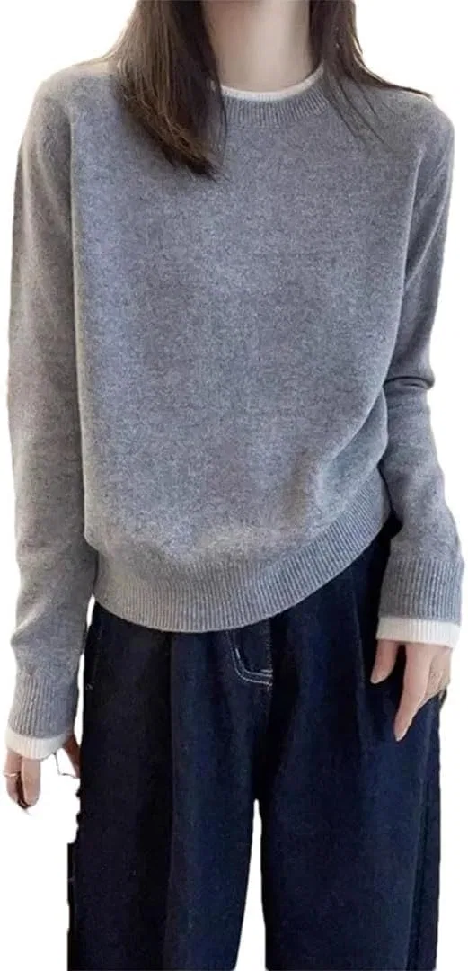 Женский свитер с круглым вырезом и вышивкой, модель O Neck Knitted Pullover, серый