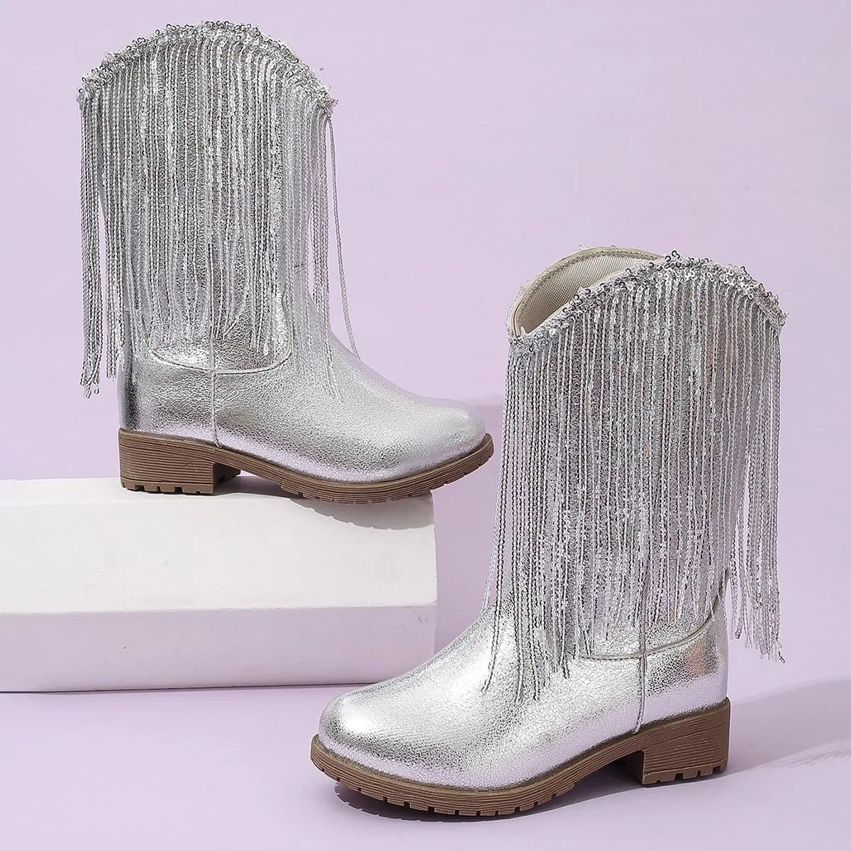 Детские зимние сапоги для девочек с кисточками и пайетками Princess Boots Auhoho, Silver — фото 4
