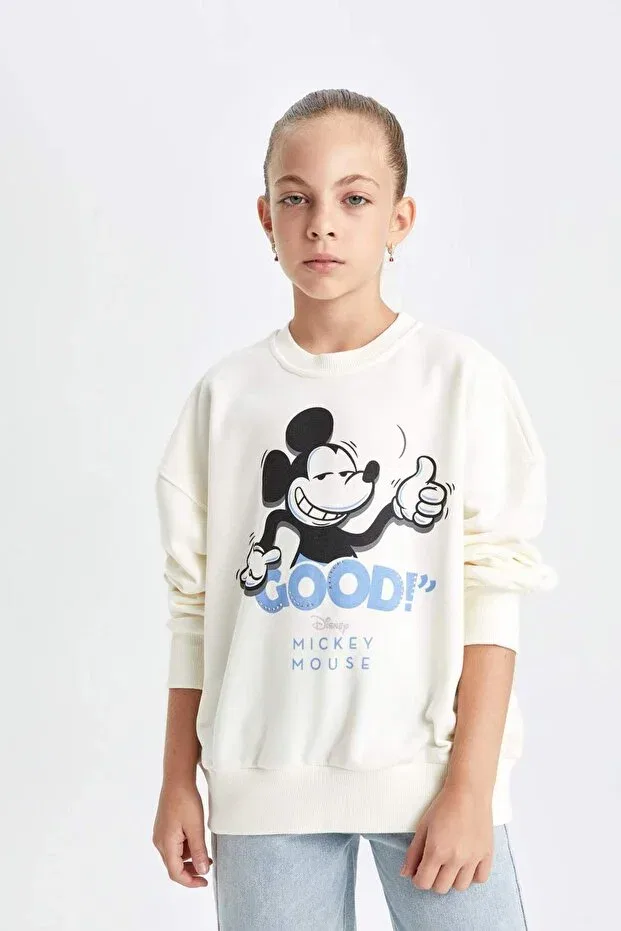 Детские свитшот для девочек оверсайз с принтом Mickey & Minnie Oversized Wide Fit Crew Neck Defacto, Ekru Er99 — фото 4