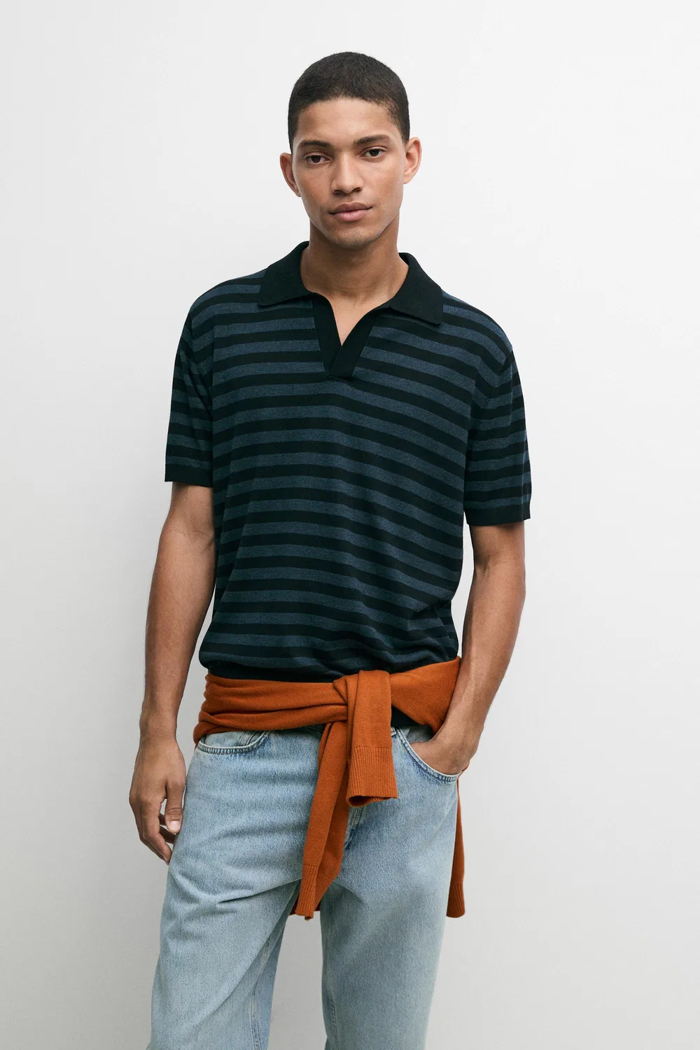 Свитер-поло Massimo Dutti Contrast Striped Knit, индиго