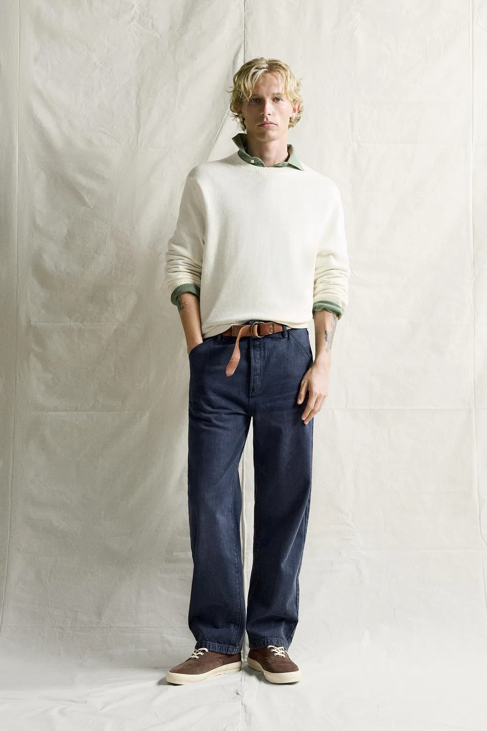 Джемпер из хлопка и льна, стандартного кроя. ZARA, Oyster-white