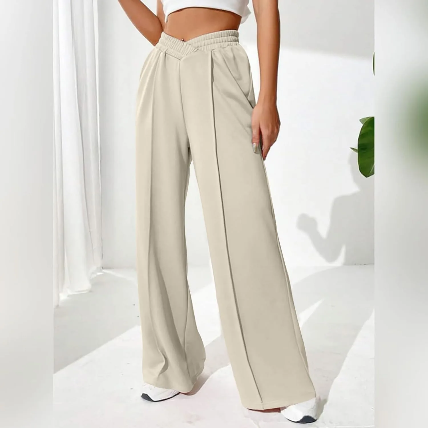 Штаны для женщин Trendy Casual 2024 Crossover High Waisted Solid Lounge Wide Leg Sweatpants Baggy Comfy Jogger Trouser Generic, хаки — фото 2