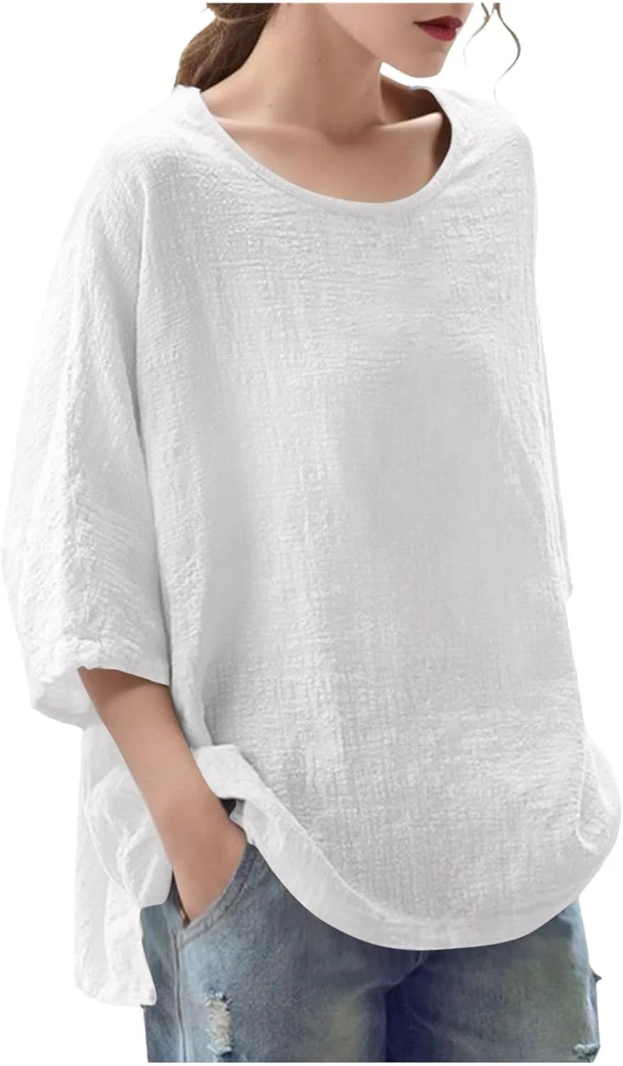 Блуза хлопок-лен, туника, удлиненная, цветочный принт, белый