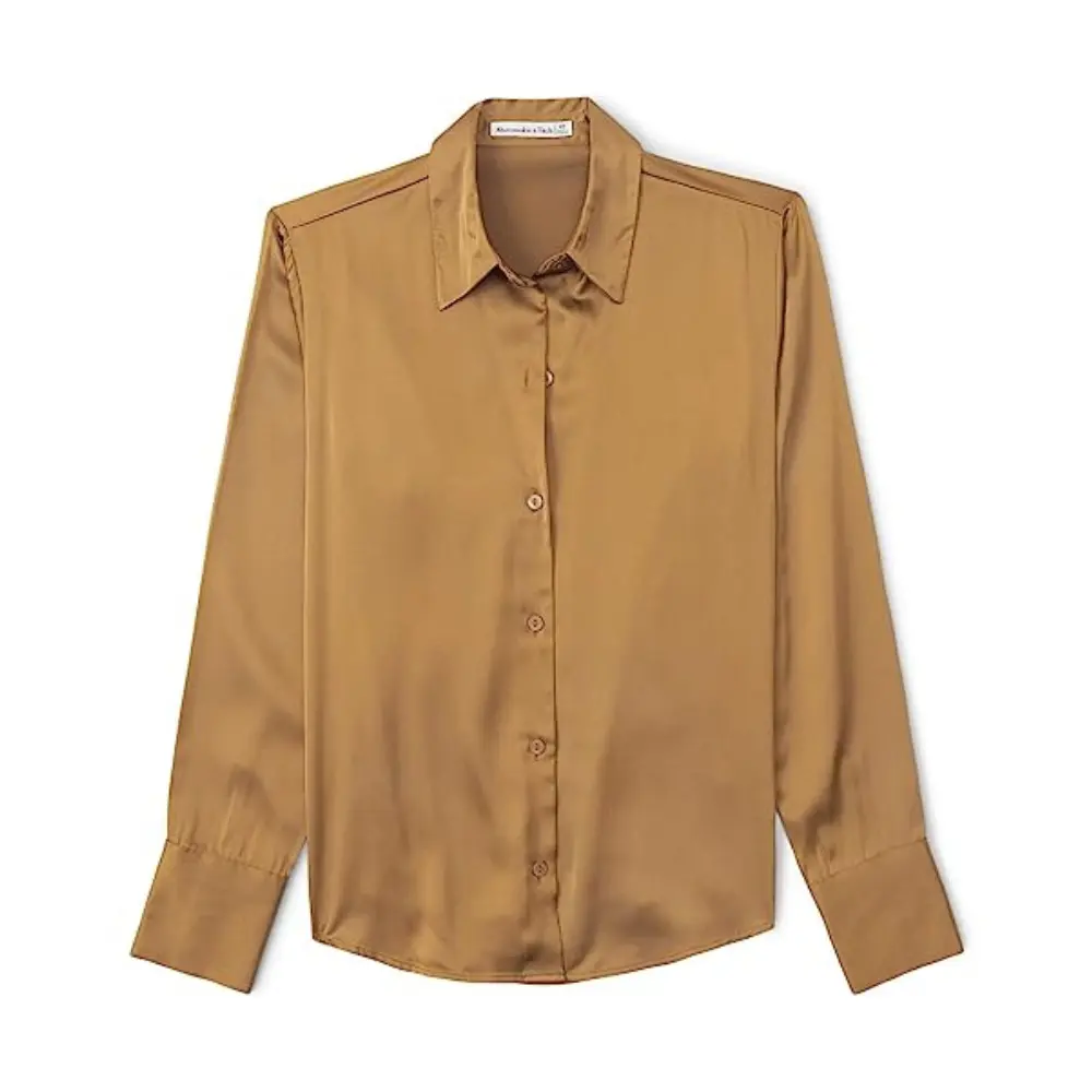 

Женская рубашка Abercrombie & Fitch золотистая атласная с длинным рукавом на пуговицах, золотой