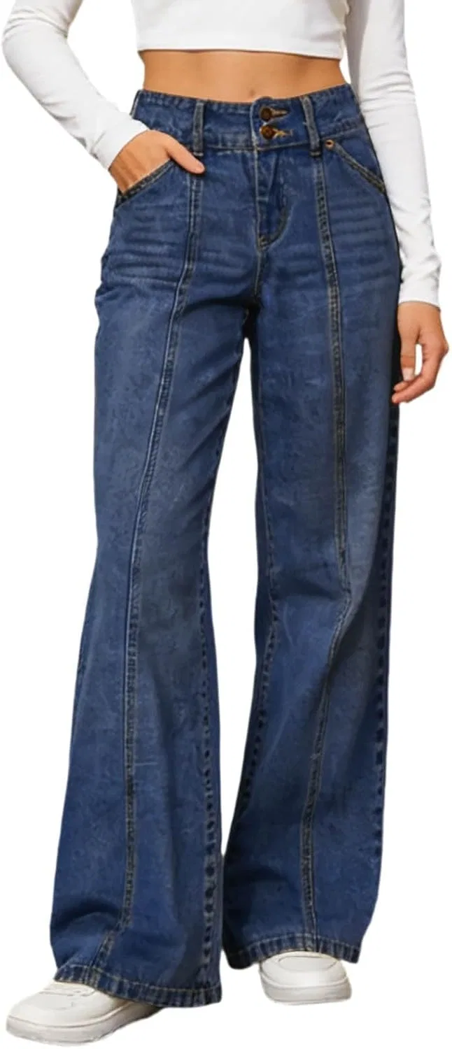 Джинсы свободные, Womens Barrel Jeans Vintage Relaxed Wide Leg Mid Rise Stretch Denim Pants Y2k Baggy Boyfriend Trouser with Button Fly, темно-синие