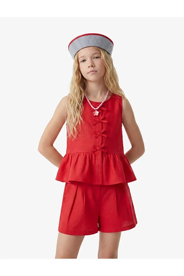 Детские шорты для девочек льняные Elastic high waist pleated linen shorts Koton, Red — фото 2