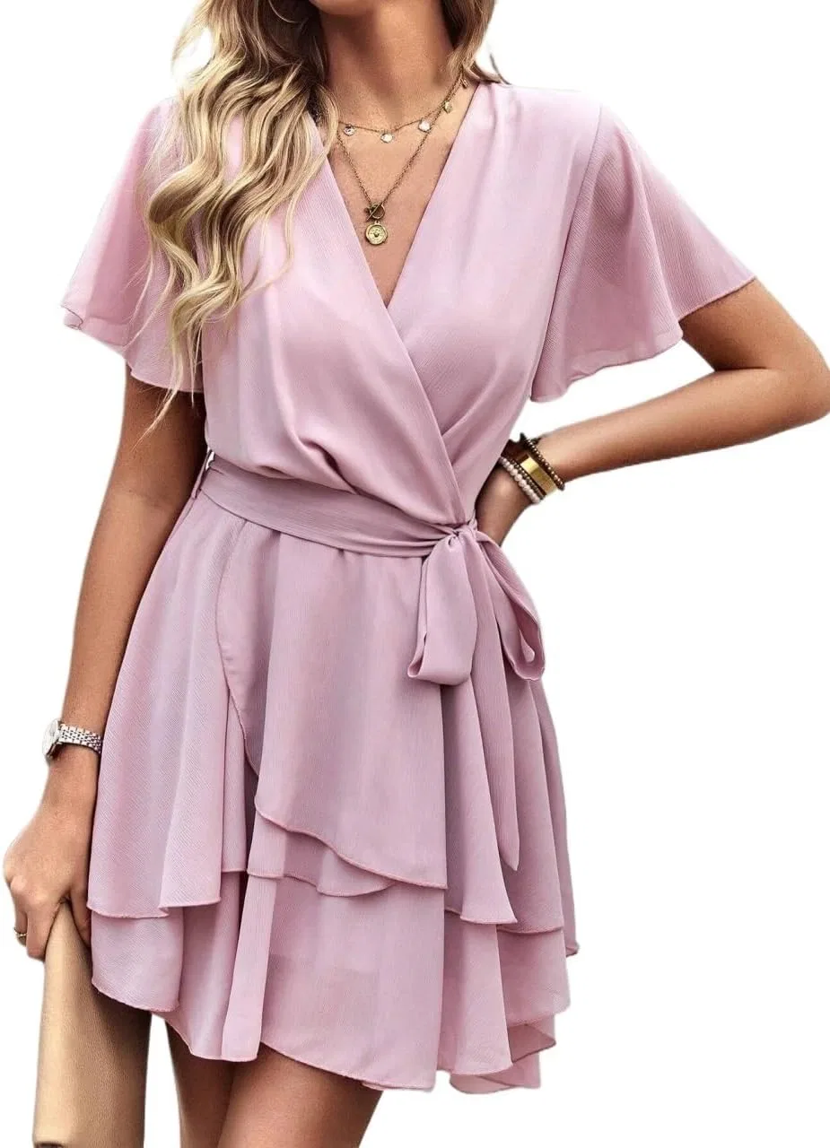 Женское летнее платье V-образным вырезом и оборкой A-Line, Pink