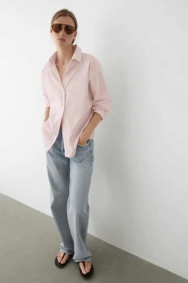 Женская рубашка из поплина с длинным рукавом Massimo Dutti, Pink — фото 4