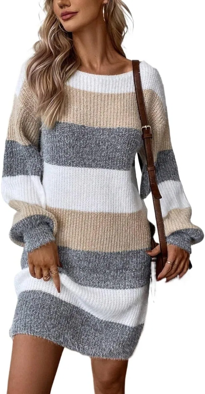 Женское повседневное платье-свитер Colorblock Round Neck, Multicolor — фото 2
