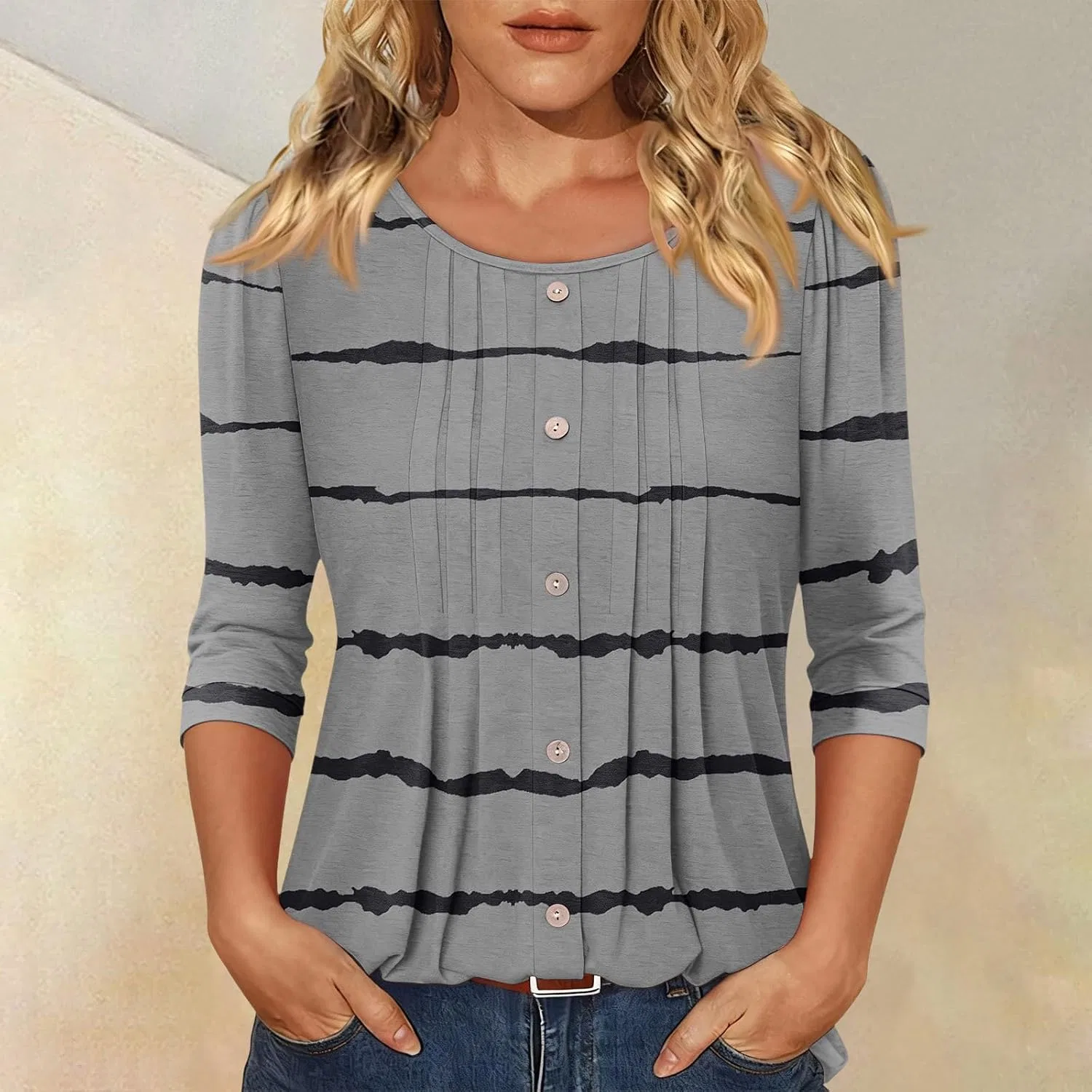 Женская блуза с плиссировкой, 3/4 рукав, Classic Basic Tees, Gray — фото 2