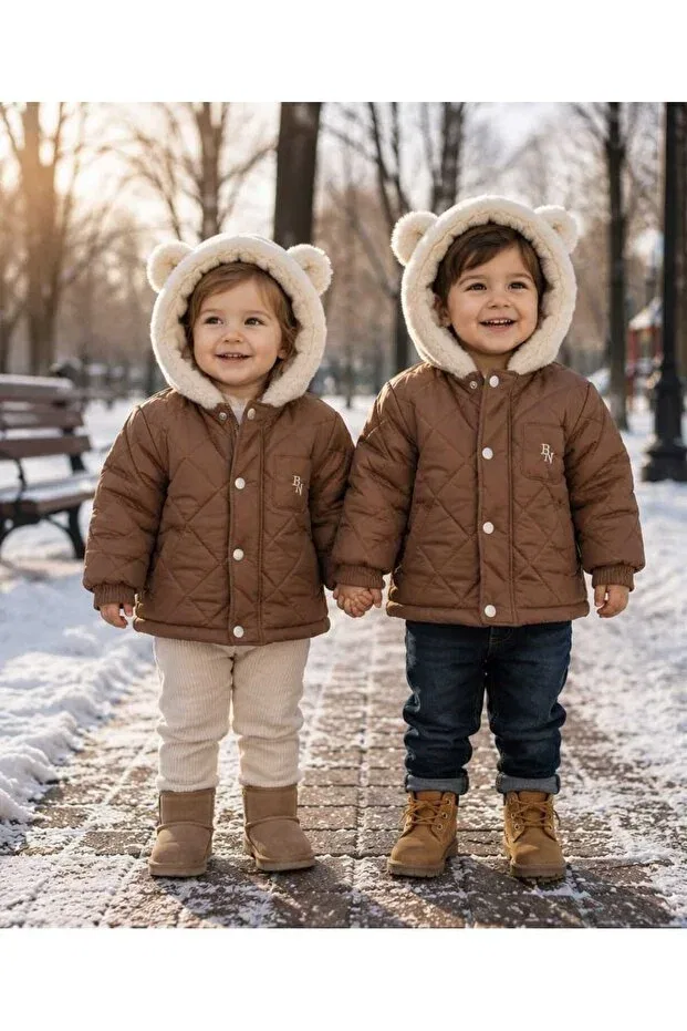 Детский зимнее пуховик с капюшоном Unisex hooded baby inflatable coat with ear detail Pamloli Kids, Brown